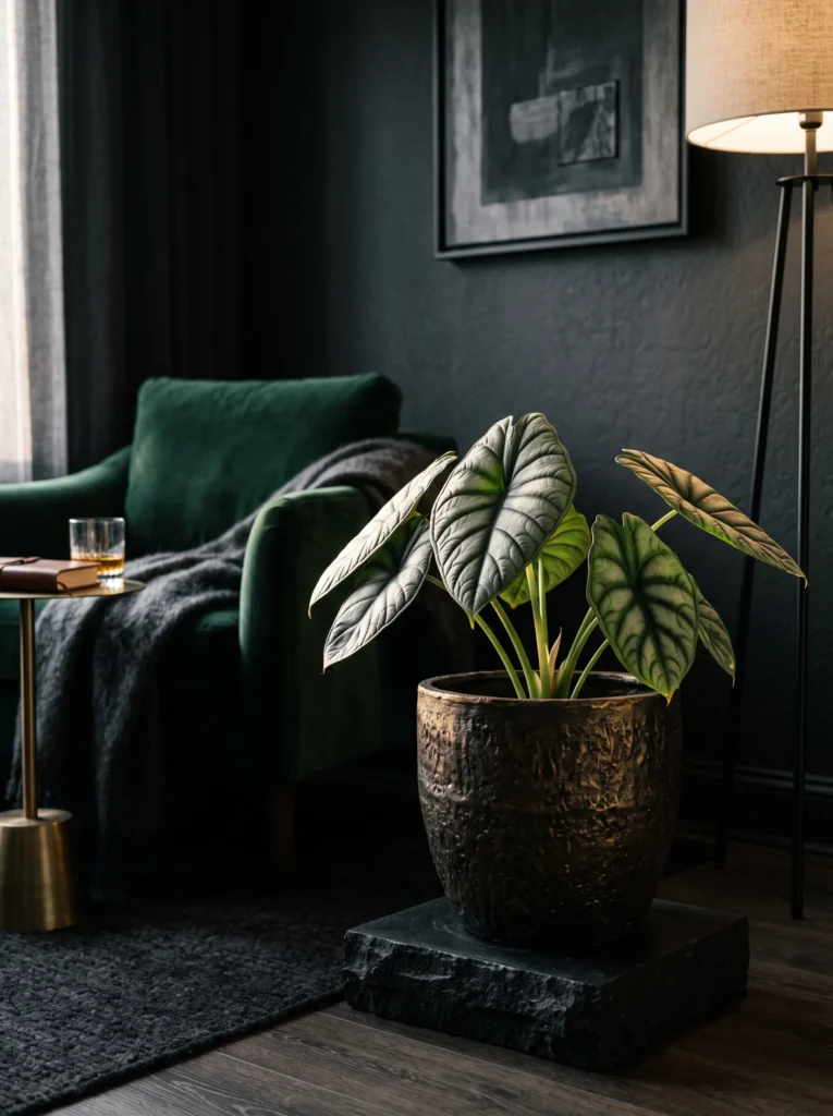 <!-- wp:paragraph -->
<p><em>Image alt text: Alocasia Silver Dragon in a bronze planter against a dark charcoal accent wall</em></p>
<!-- /wp:paragraph -->