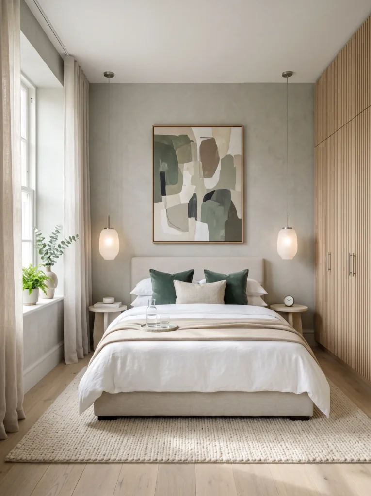 silver sage walls with a floor-to-ceiling ash wood wardrobe and eucalyptus green velvet cushions
