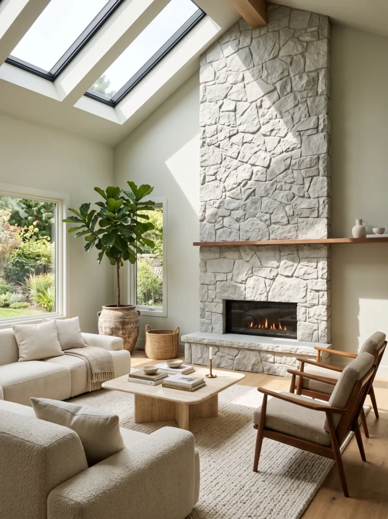skylight illuminating a gray stone fireplace in a bright living room