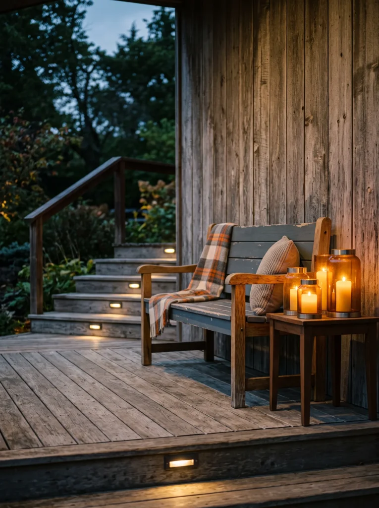 Oak bench with amber glass lanterns on a slate-toned evening porch