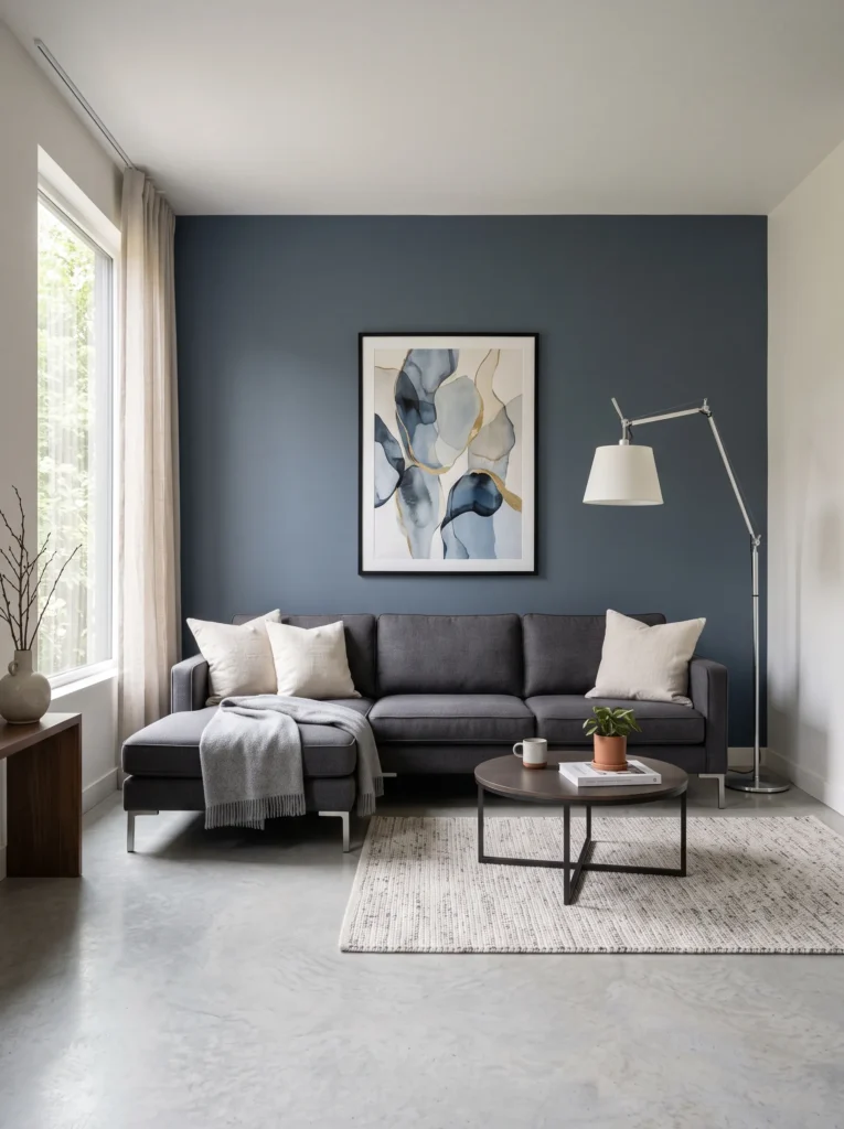 Deep slate blue accent wall behind a charcoal sectional sofa in a modern living room