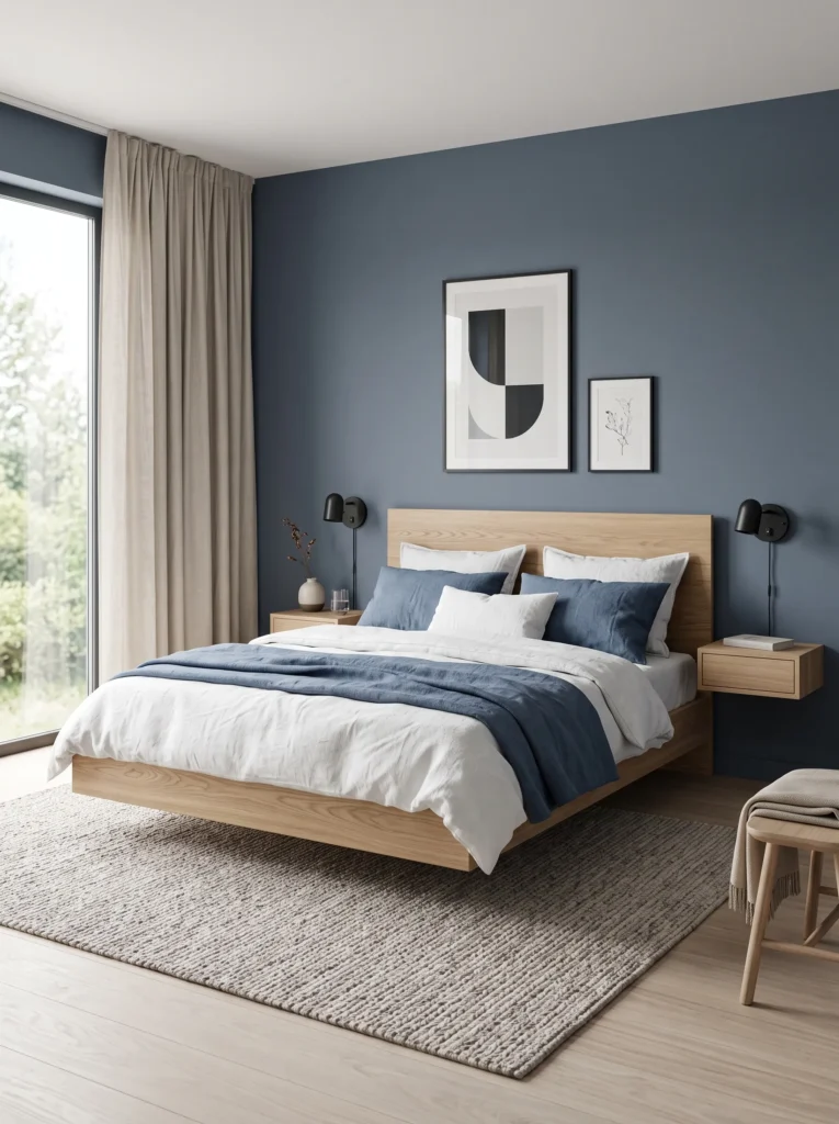 Slate blue Scandinavian bedroom with floating ash wood bed frame