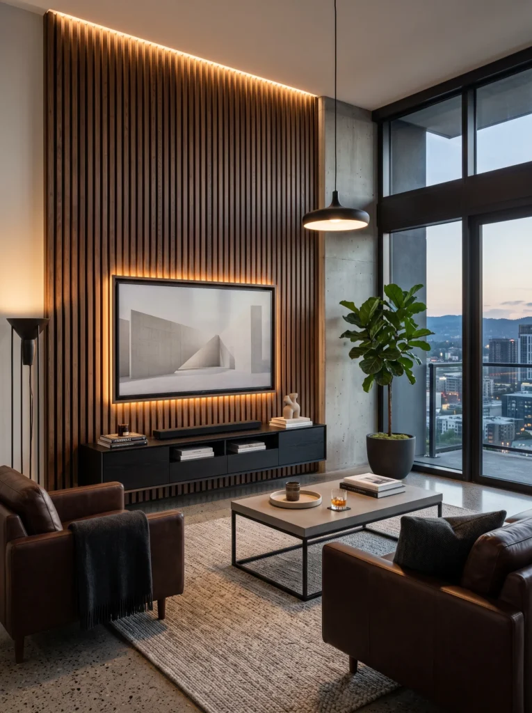 Dark oak slatted wood feature wall behind a TV in a masculine modern living room