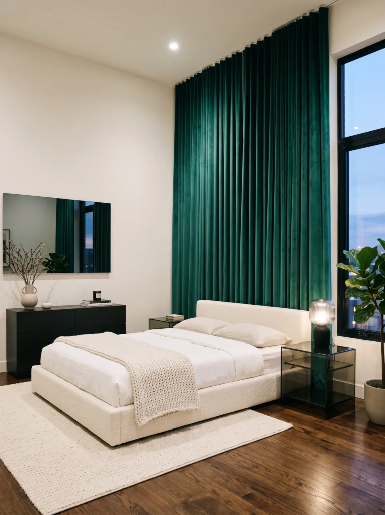 Emerald floor-to-ceiling drapery with smoked glass nightstands