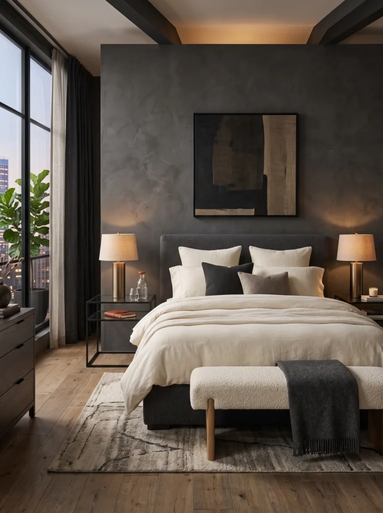 minimalist styling on a smoked glass nightstand with brushed bronze lamp