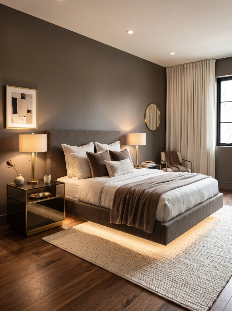 Smoked glass nightstands beside floating upholstered bed