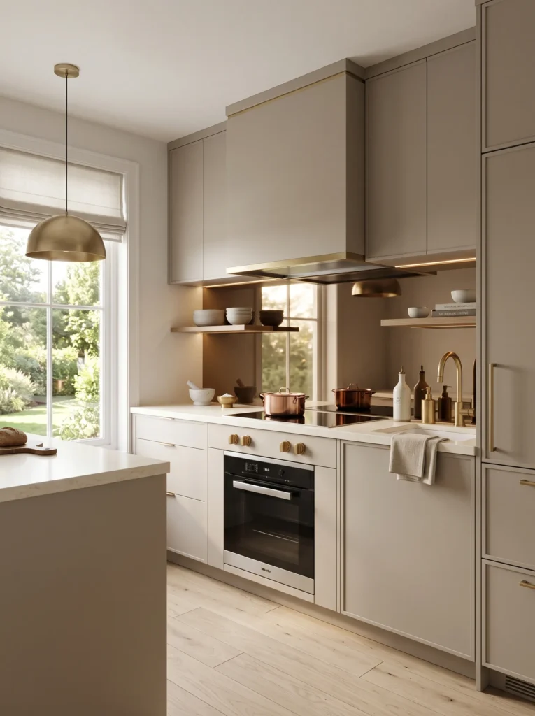 Luxury compact kitchen with smoked bronze mirror backsplash behind the cooking area and integrated appliances.