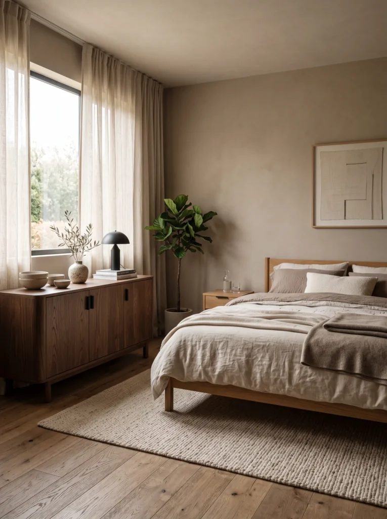 Sleek smoked oak storage cabinet beside a low-profile minimalist bed