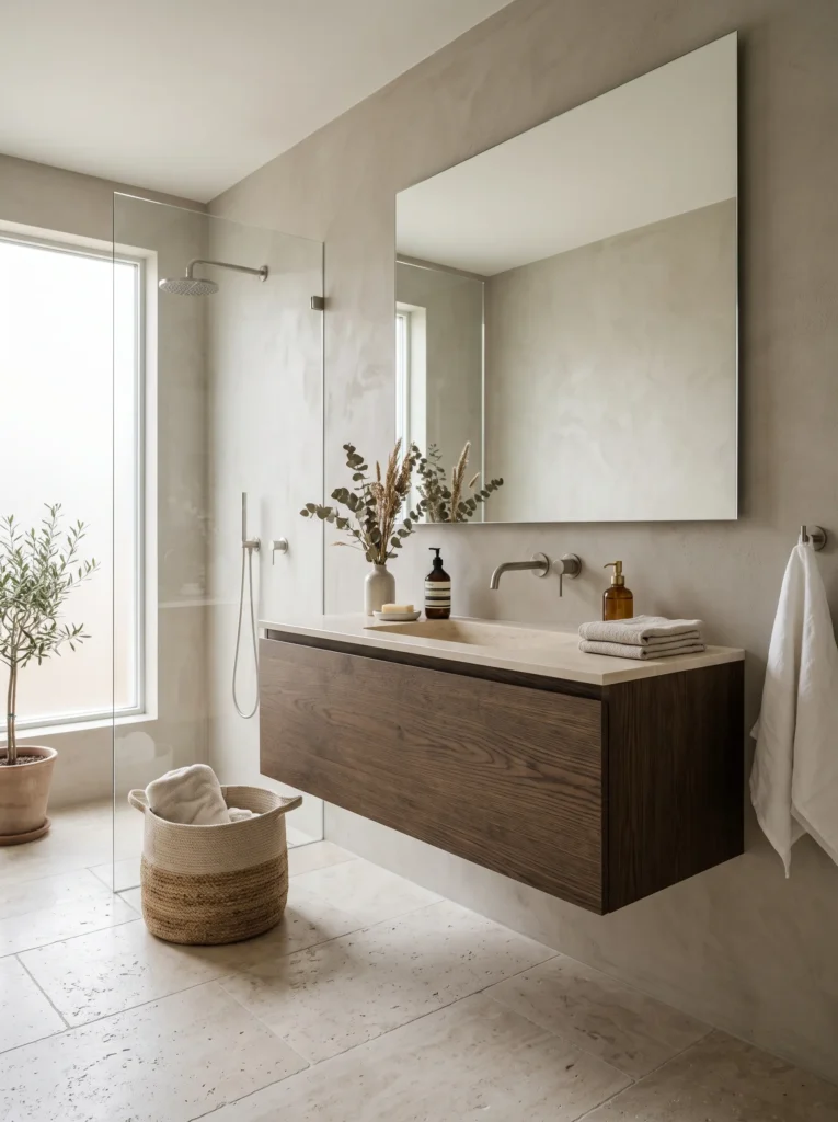 floating smoked oak vanity with integrated ivory stone sink