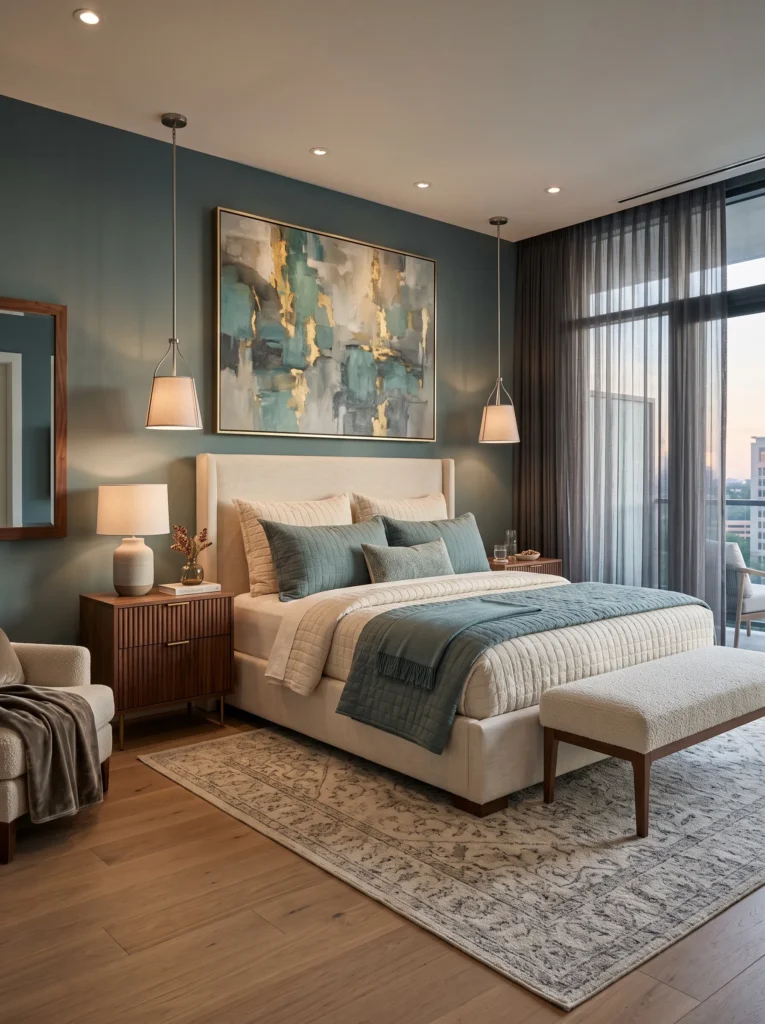 Smoky teal bedroom with upholstered cream platform bed