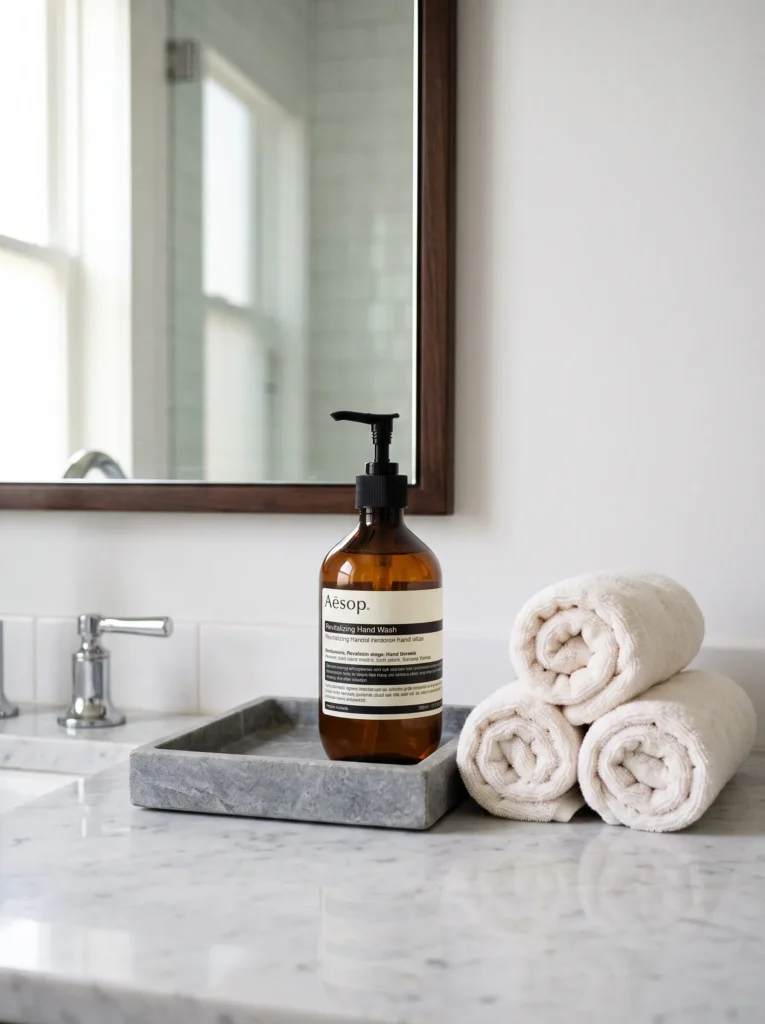 Grey soapstone tray with amber glass bottle and rolled towels styled on a bathroom counter.