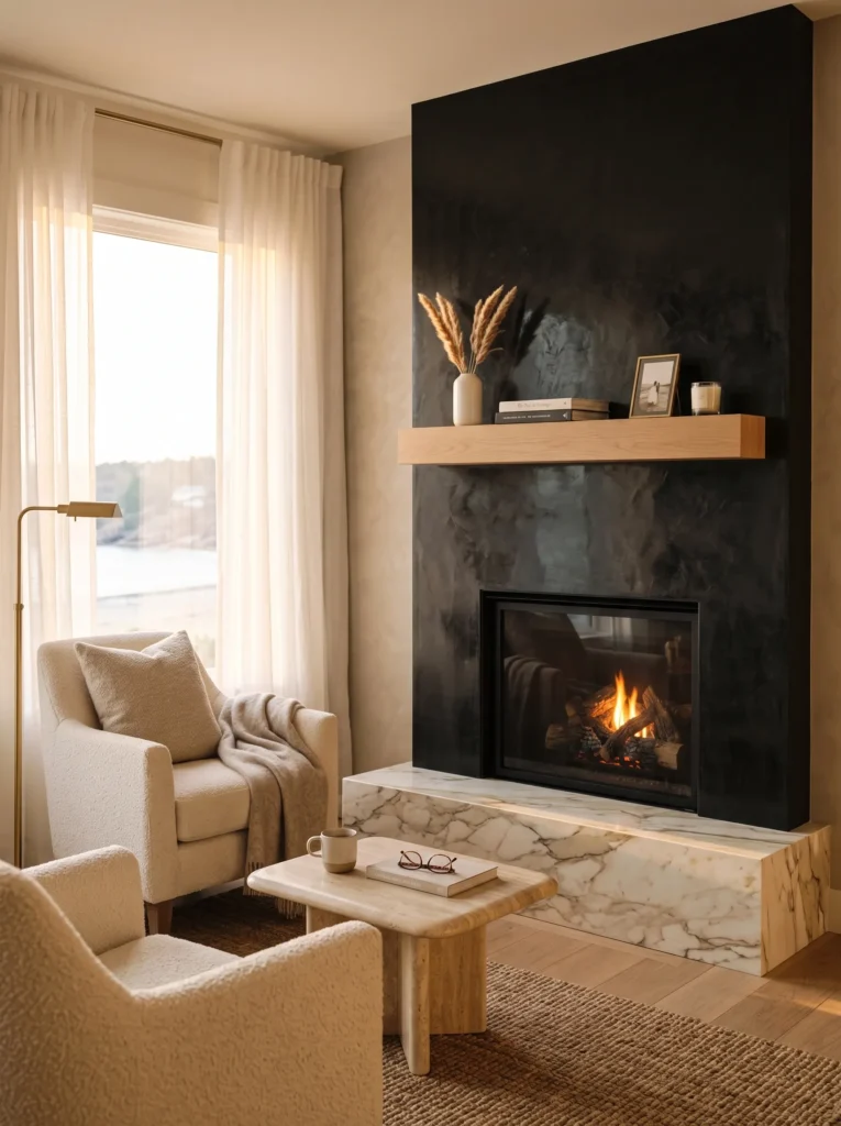 Soft black ombre painted fireplace in a coastal bedroom reading nook