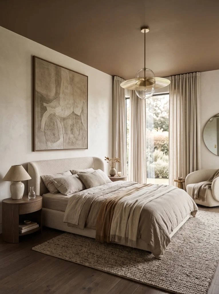 Mushroom-brown contrast ceiling above a curved upholstered bed