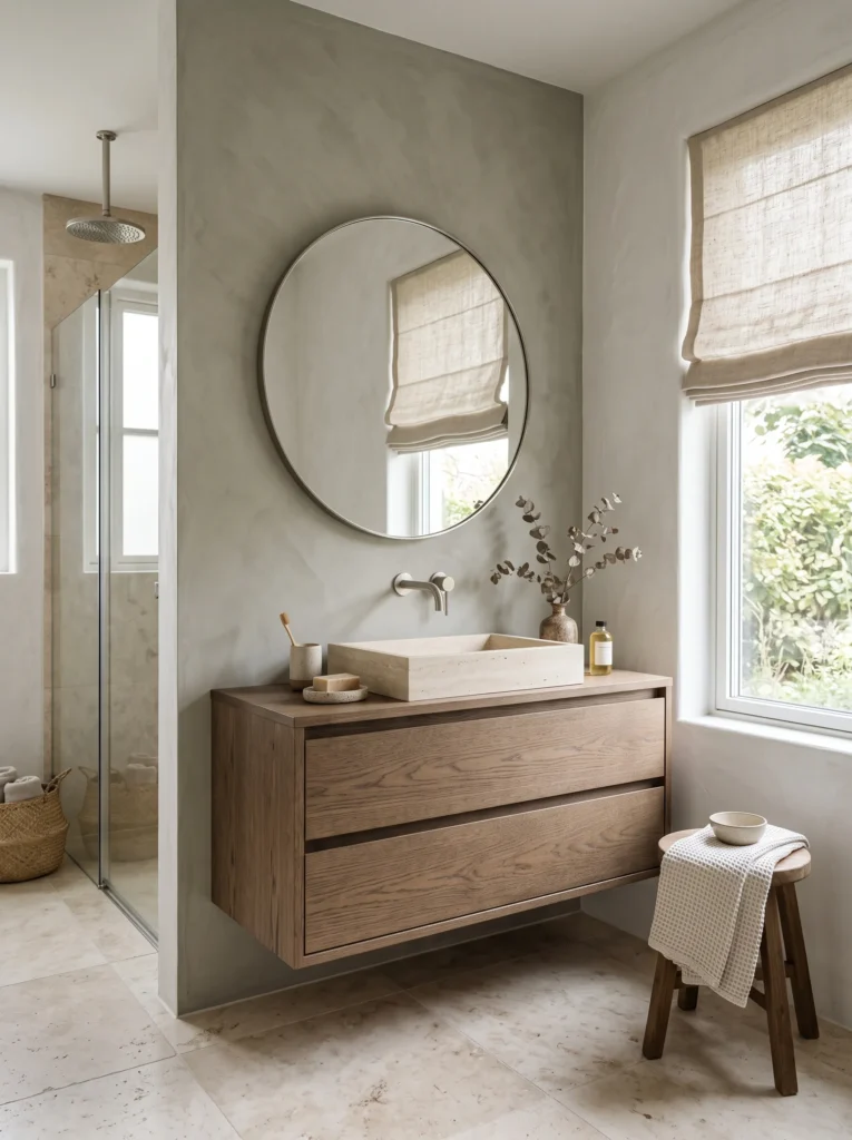 soft olive-gray limewash accent wall behind a Japandi bathroom vanity