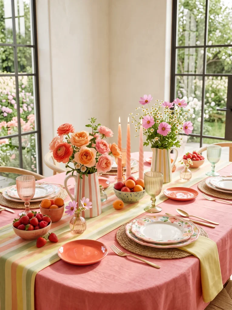 Sorbet colored spring table with watermelon pink linen and striped ceramic pitchers