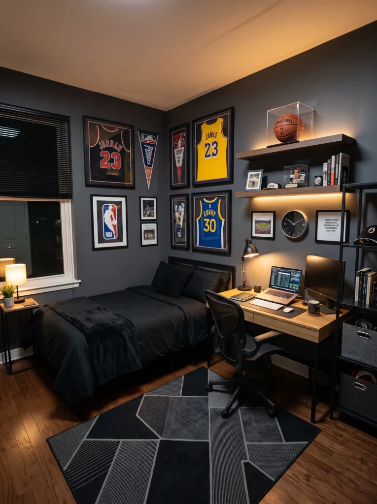 Framed sports jerseys and signed basketball on floating display shelves in a dorm room — sports-themed dorm room ideas for guys.
