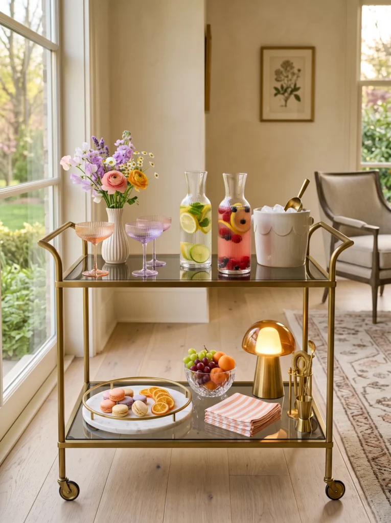 Brass and smoked glass bar cart styled in peach and lavender for spring entertaining