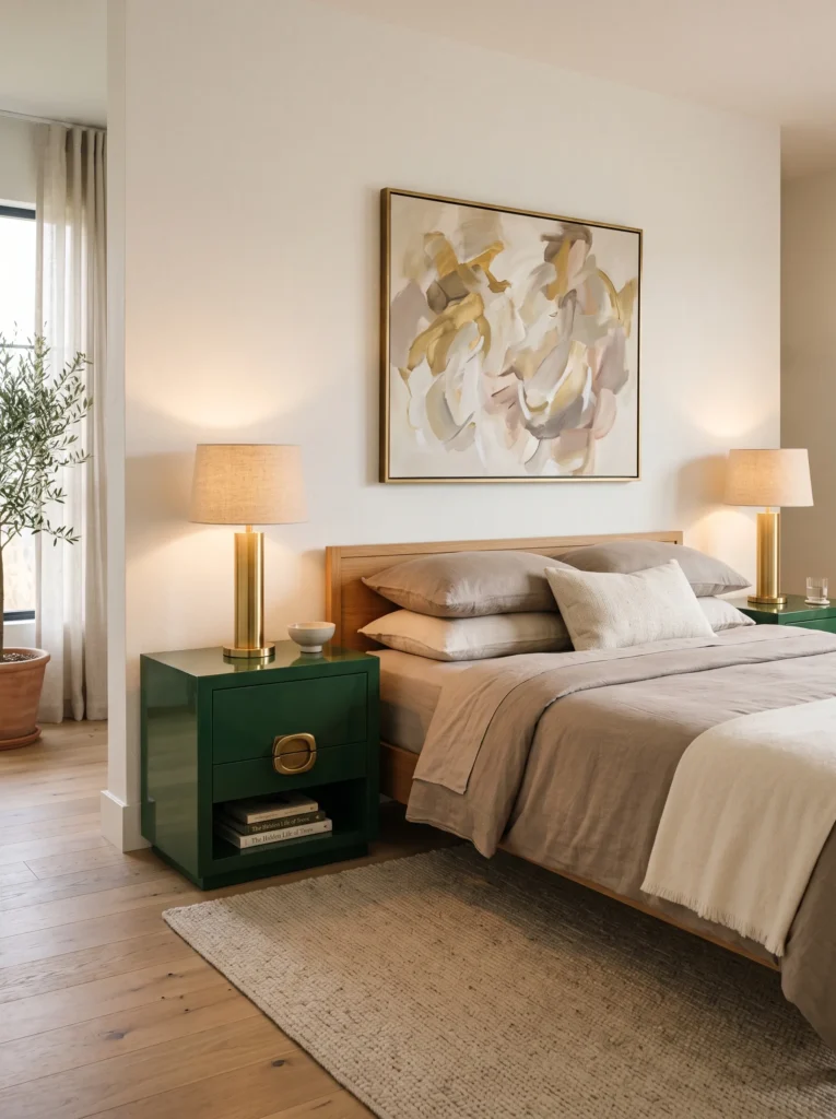  Spruce green lacquered nightstands against warm white walls
