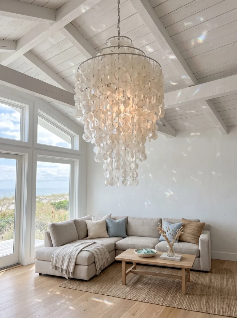 Shimmering capiz shell chandelier above a coastal living room seating area