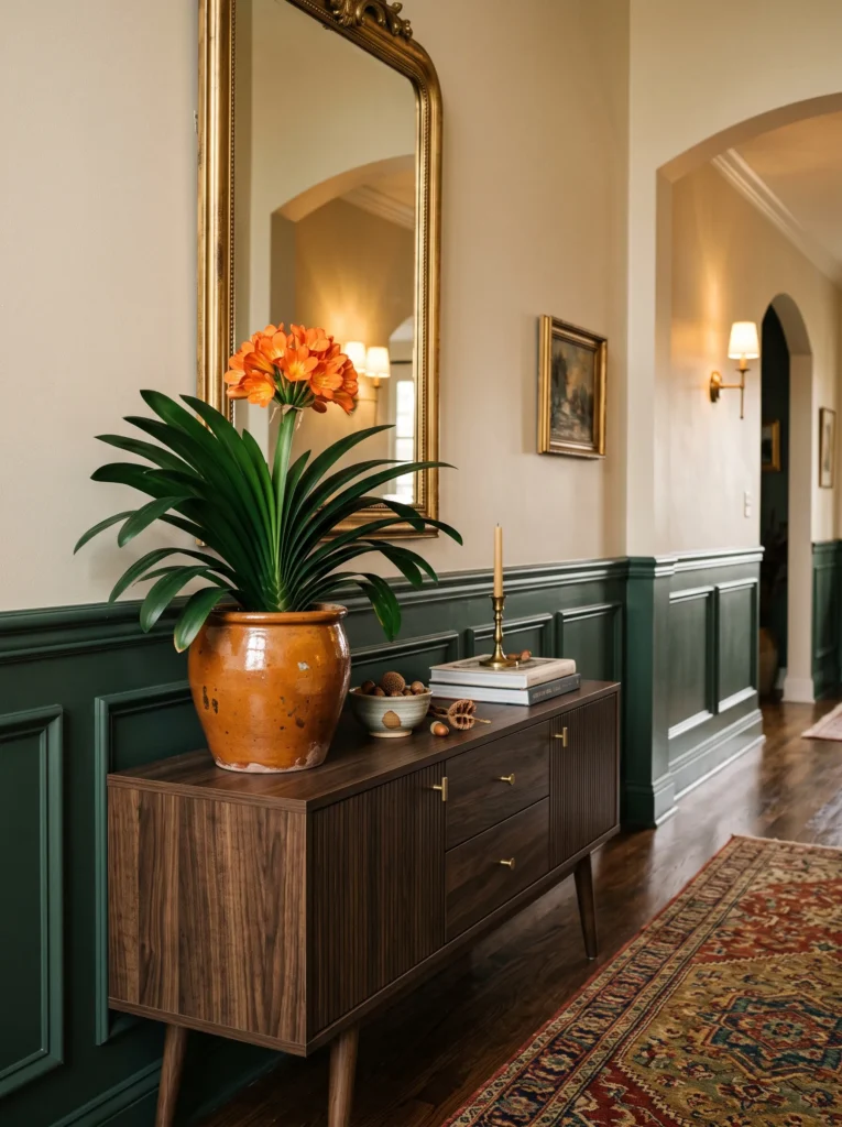 Clivia miniata with clustered orange trumpet blooms above strap-like leaves in a hallway console