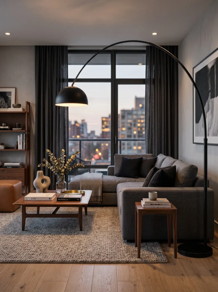 Matte black arc floor lamp beside a charcoal sectional sofa in a modern living room
