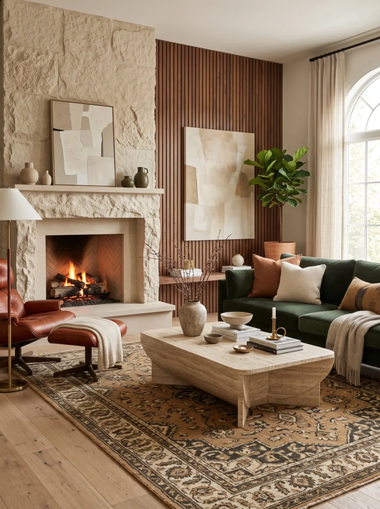 travertine coffee table matching a limestone fireplace in a modern living room