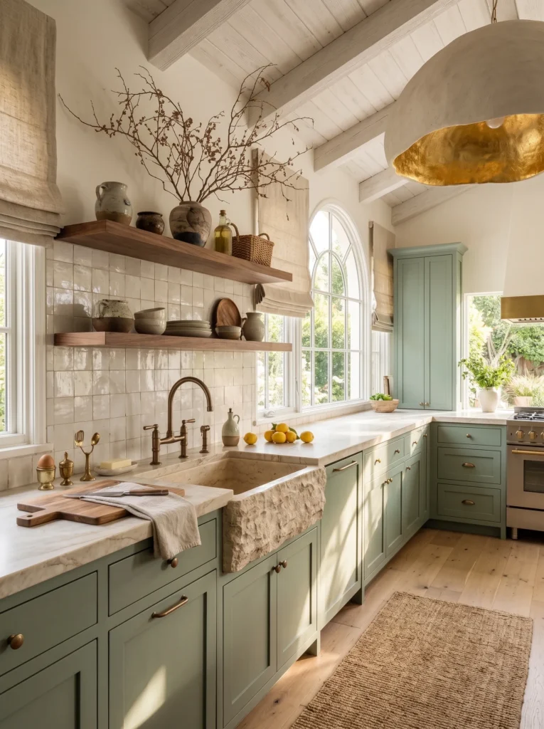 Modern boho kitchen decor sculptural integrated travertine farmhouse sink with eucalyptus green cabinetry and zellige backsplash.