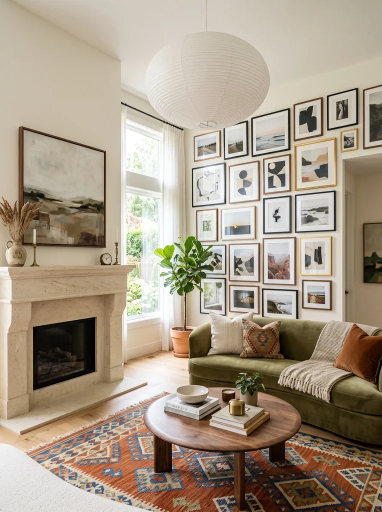 cream limestone fireplace beside a curated gallery wall of framed art