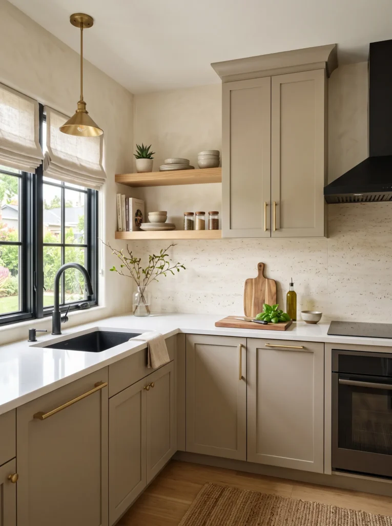 Compact kitchen with ivory travertine stone-look peel-and-stick backsplash, greige shaker cabinets, and brass hardware.