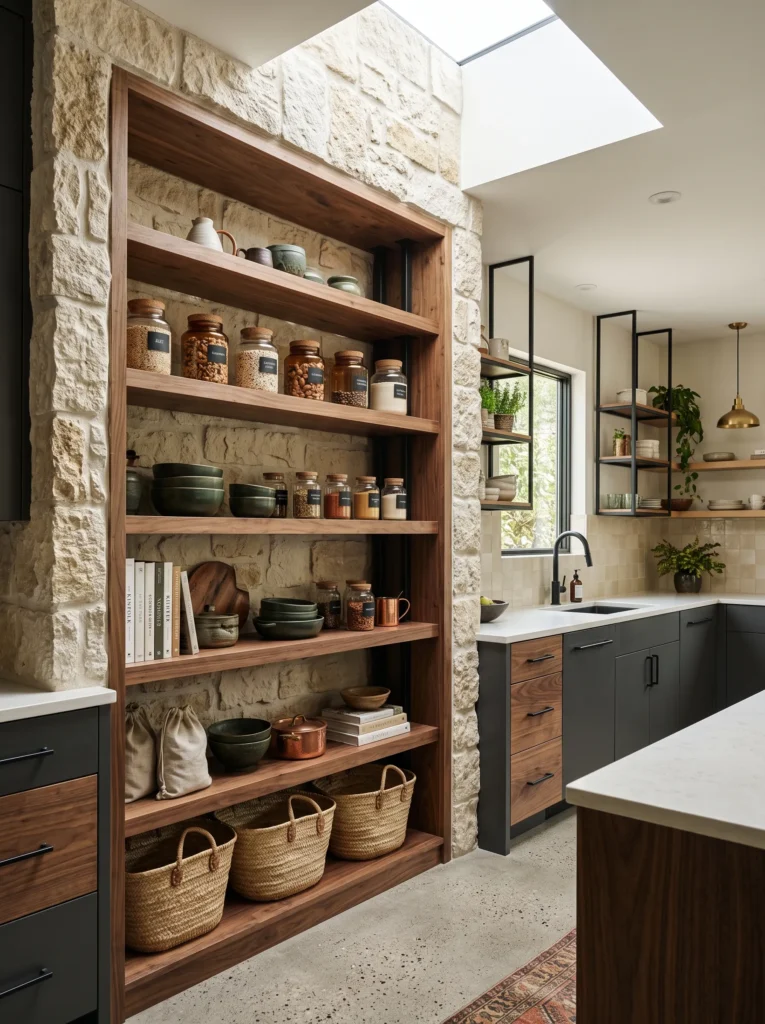 Modern boho kitchen decor open pantry framed in natural limestone with floating walnut shelves and woven baskets.