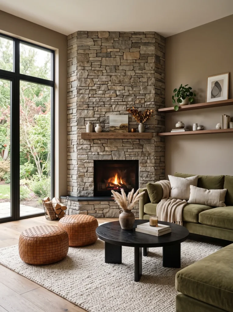 natural stacked stone fireplace wrapping around a room corner