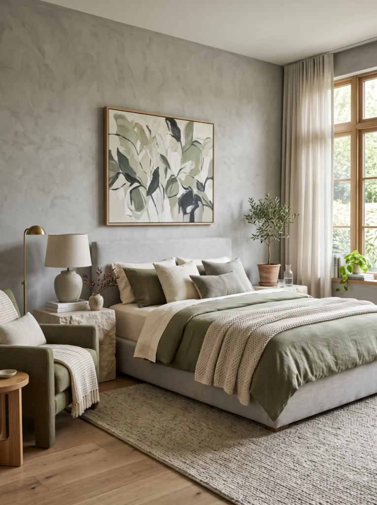 woven wool rug and botanical artwork in a stone and olive toned bedroom