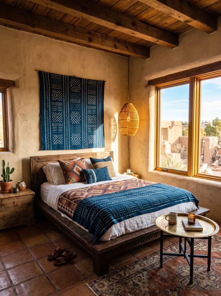 Sun-baked adobe bedroom with indigo mudcloth wall hanging and plaster walls