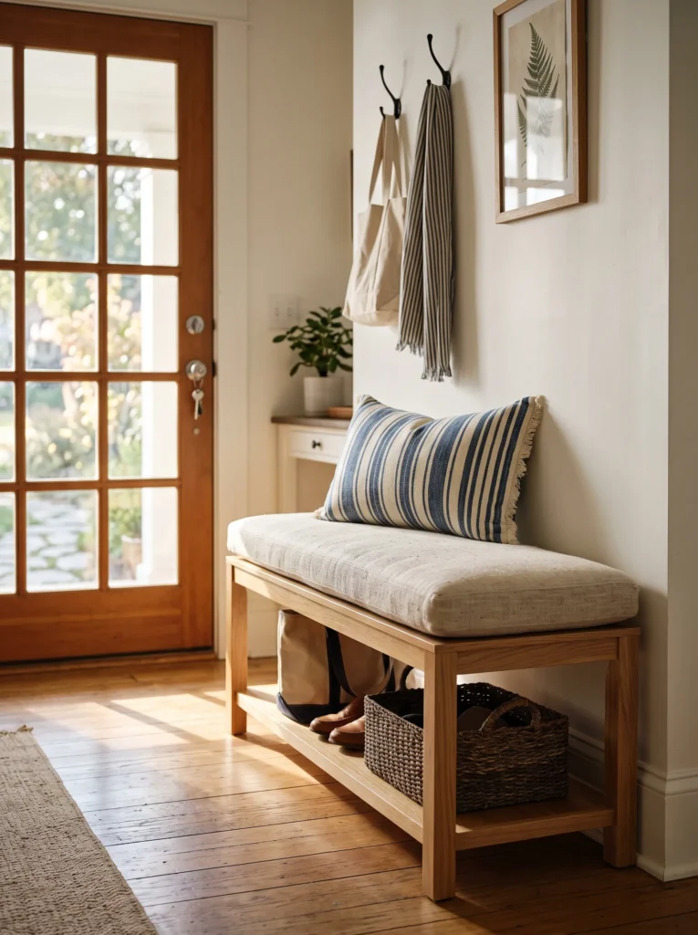 Sun-bleached flax linen cushion on an entryway bench styled with summer decorations for home in mind.