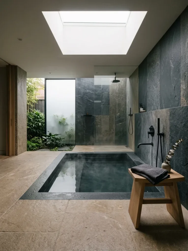 sunken honed-basalt bathtub set into a warm stone bathroom floor