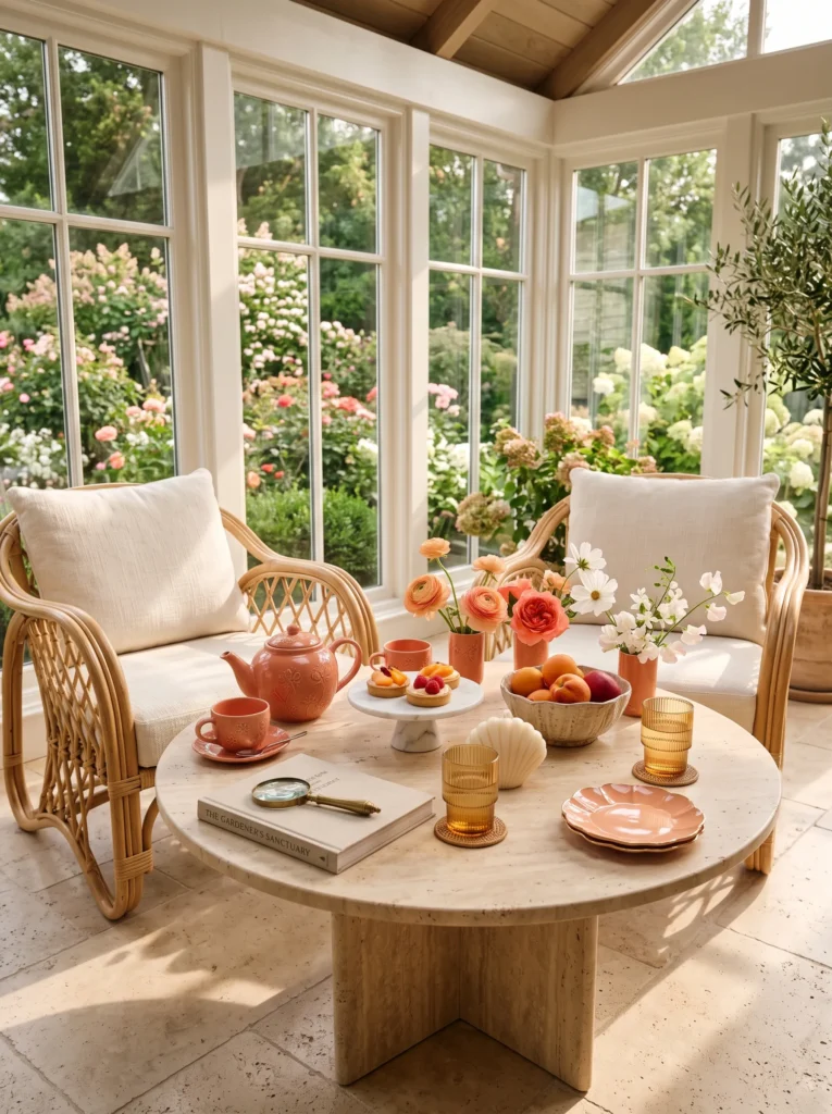 Coral and peach sunroom accent table with handcrafted tea set and fresh apricots