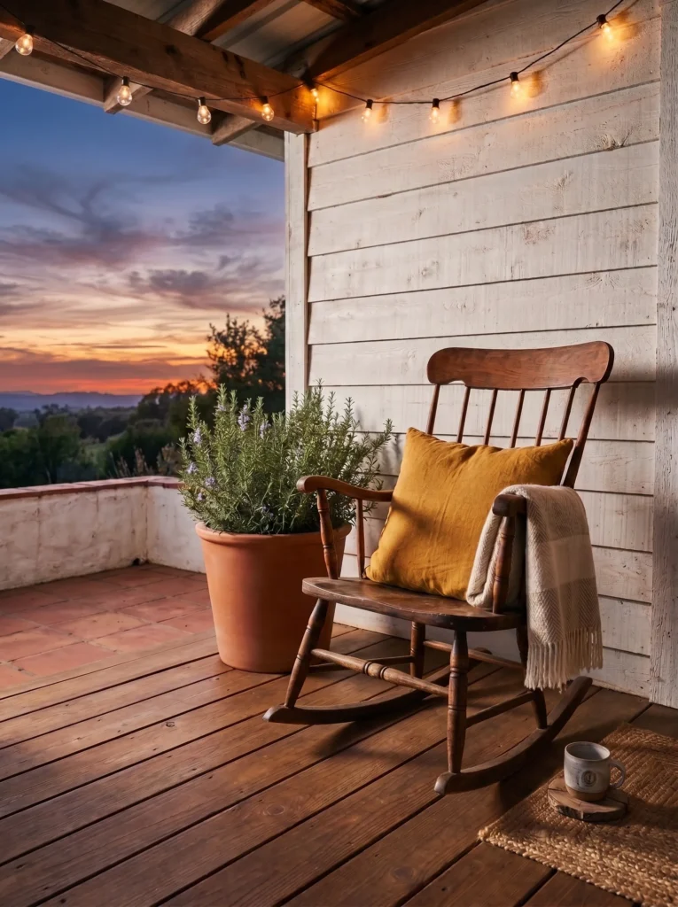 Wooden rocking chair on a terracotta and mustard porch nook at sunset