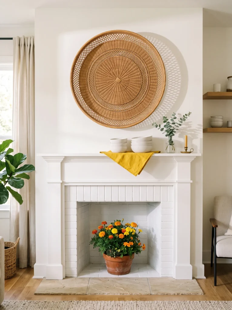 Terracotta pot of marigolds placed inside a fireplace firebox