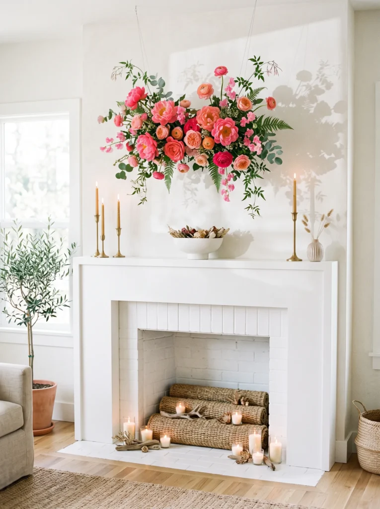 Seagrass mat and votive candles filling a fireplace firebox