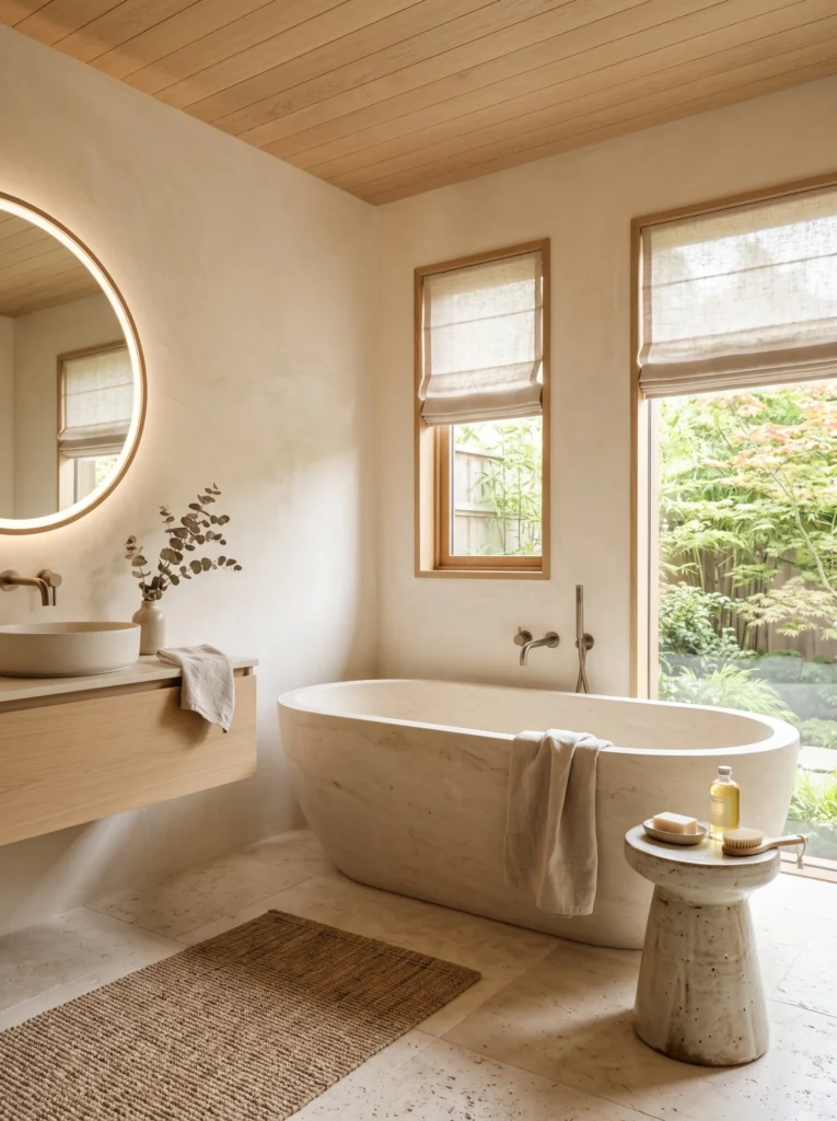 seamless warm ivory tadelakt plaster walls beside a limestone soaking tub