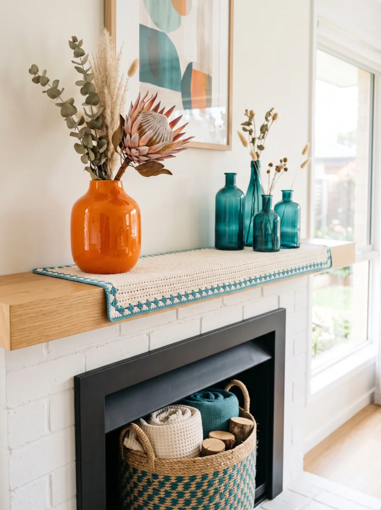 Teal and jute woven basket filling a fireplace firebox