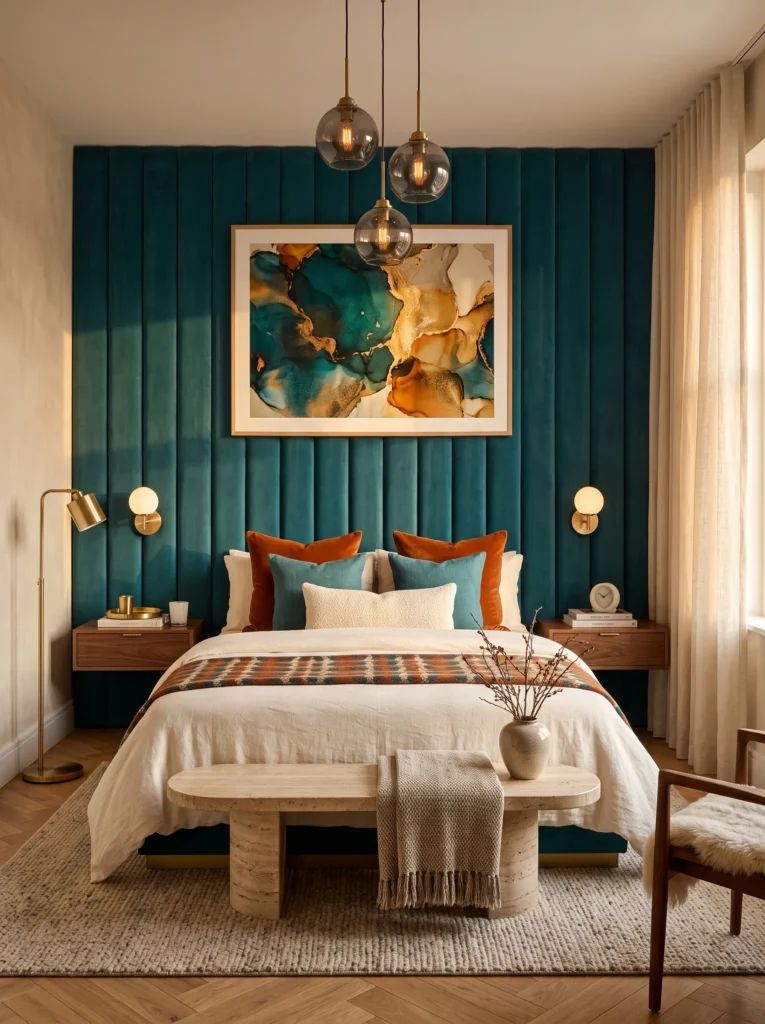 tangerine accent wall with teal velvet headboard and floating walnut nightstands