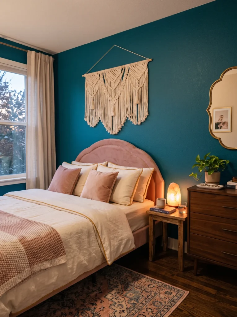 Peacock-teal bedroom wall with a curved blush velvet headboard