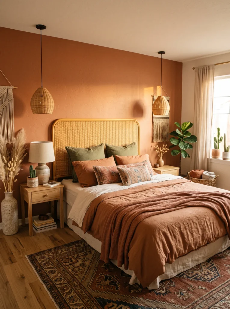 Terracotta desert boho bedroom with woven rattan headboard and handmade pottery