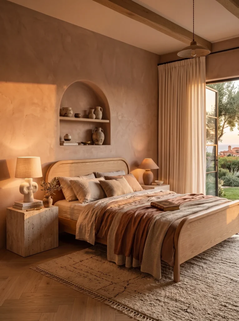  Muted terracotta limewash bedroom with curved oak bed