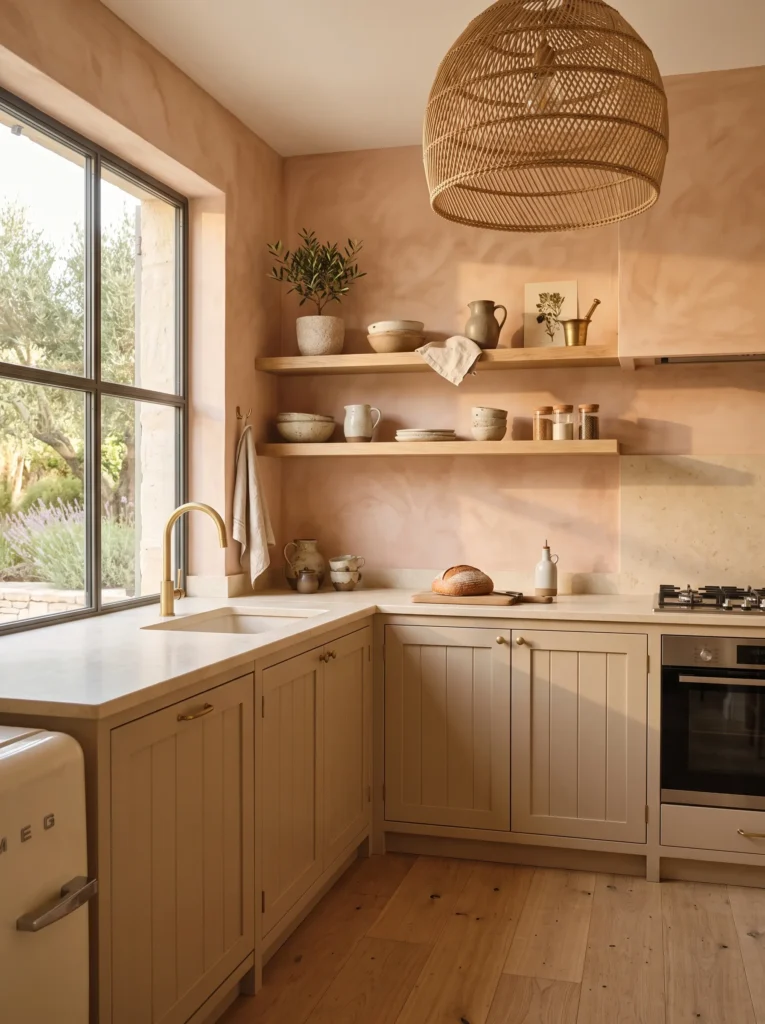 Compact kitchen with soft terracotta limewash feature wall, cashmere cabinets, and creamy limestone countertops.