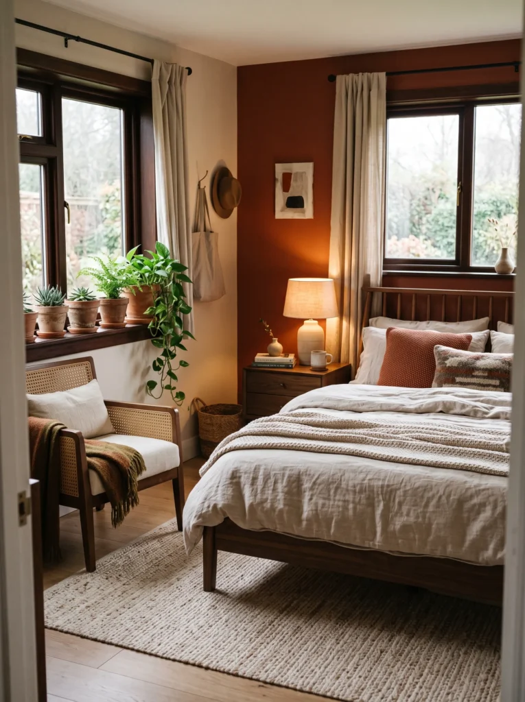 Terracotta accent wall with walnut bed frame and linen bedding