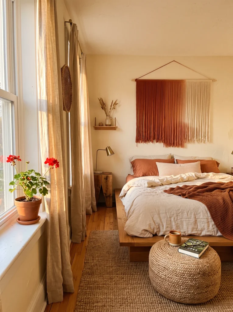 Terracotta and cream bedroom with handwoven wall hanging and golden hour light