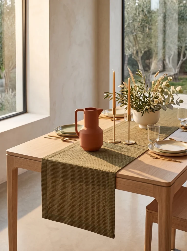 Terracotta-and-olive table runner styled on a wood dining table for summer decorations for home.