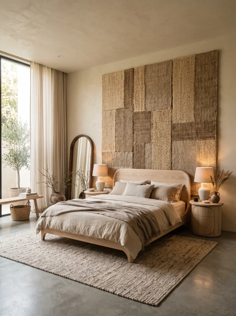 Oversized handwoven fiber wall panels behind a minimalist bedroom headboard